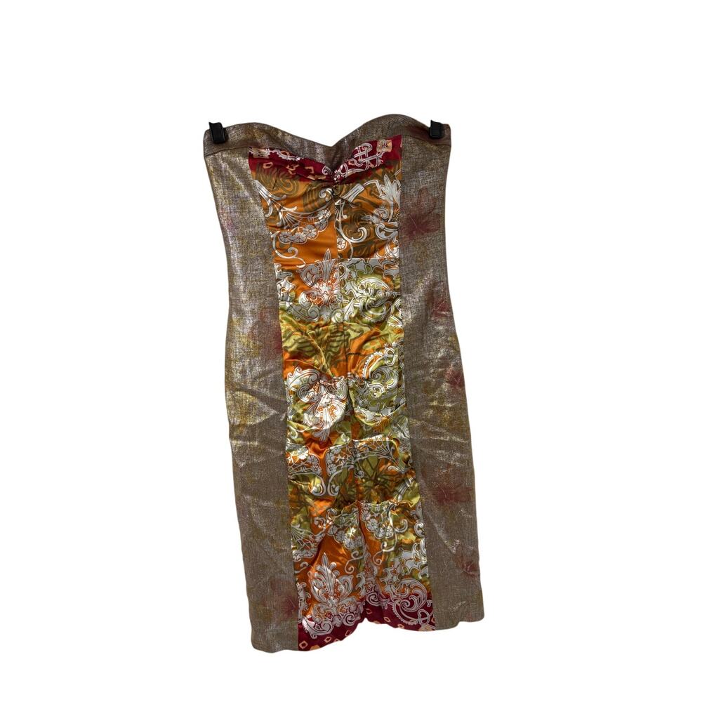 Nicole Miller Collection Metallic Gold Floral Strapless Dress Silk Womens 10